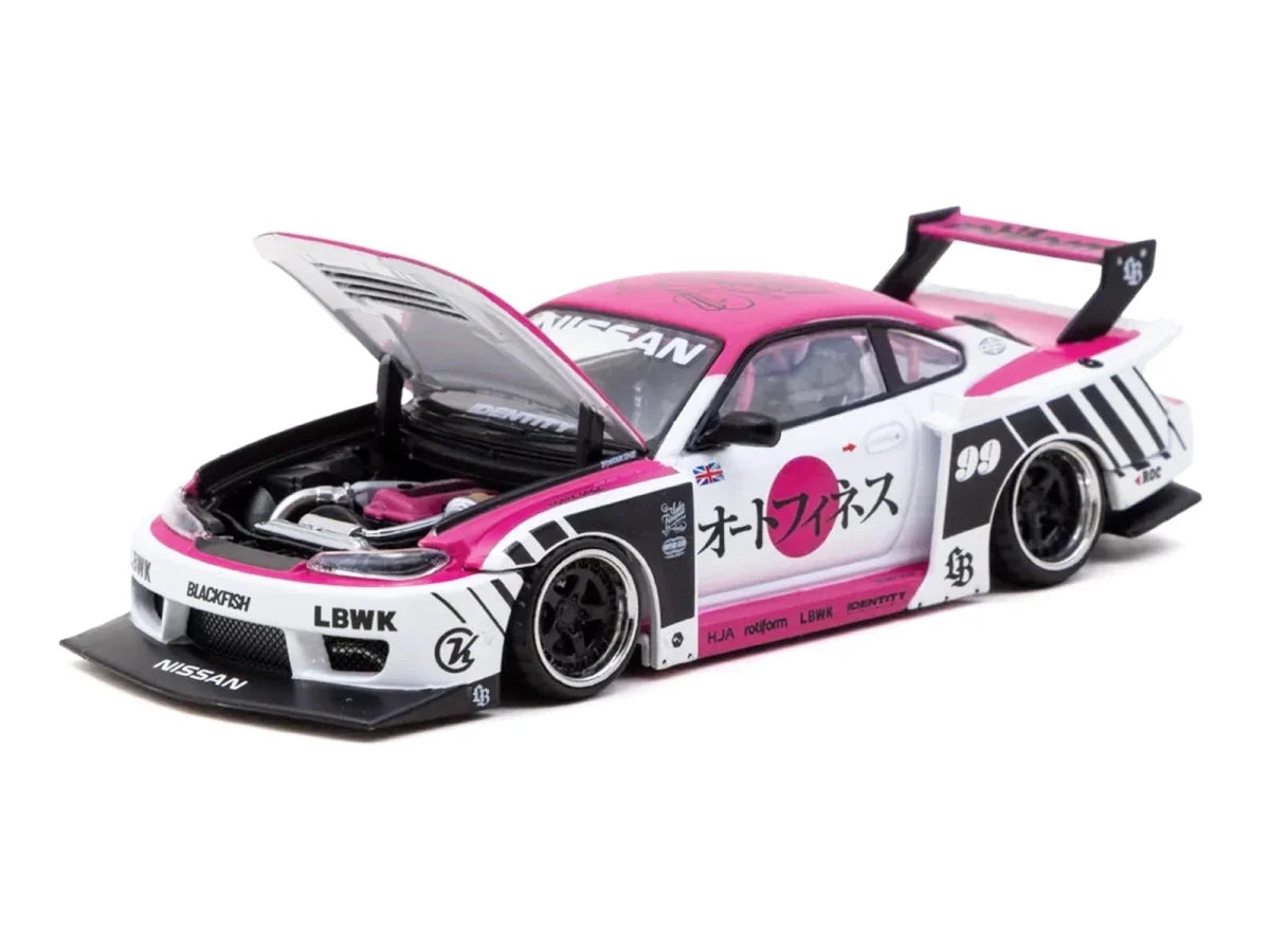 Nissan Silvia (S15) LB-Super Silhouette RHD (Right Hand Drive) #99 "Auto Finesse" White with Pink Top and Graphics "Hobby43" Series 1/43 Diecast Model Car by Tarmac Works