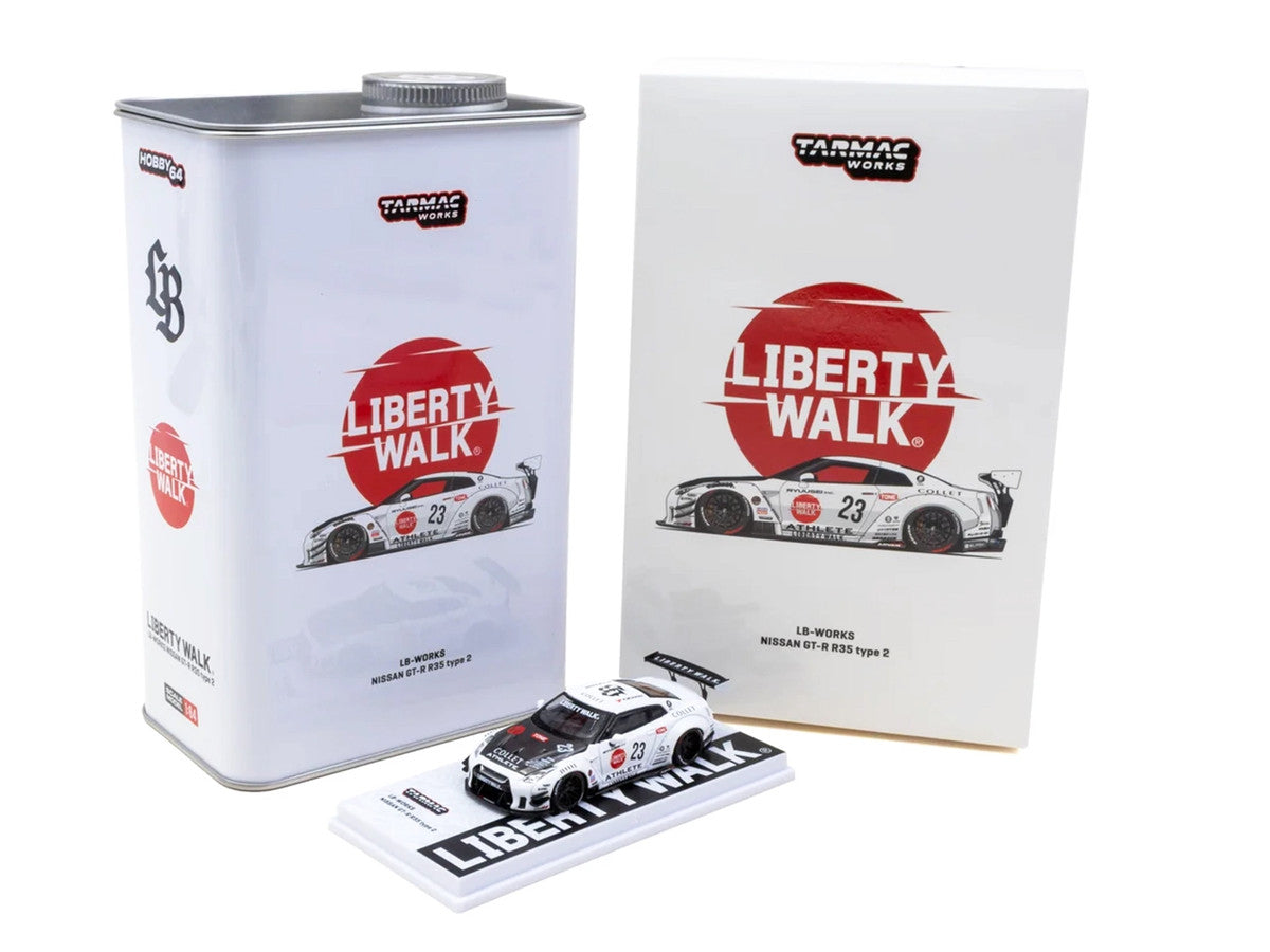 Nissan GT-R R35 LB-Works Type 2 RHD (Right Hand Drive) #23 "Liberty Walk" White with Carbon Hood and Metal Oil Can Packaging "Hobby64" Series 1/64 Diecast Model Car by Tarmac Works