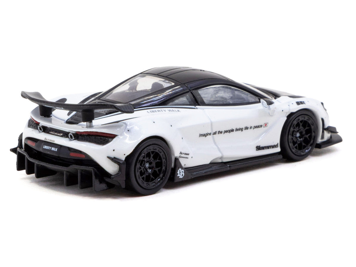 LB-Works 720S White with Carbon Hood and Black Top with Extra Wheels "Hobby64" Series 1/64 Diecast Model Car by Tarmac Works