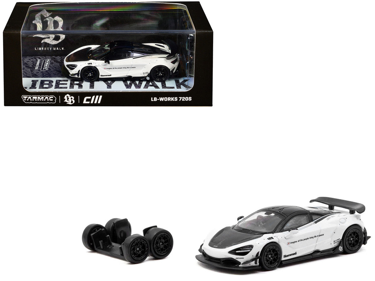 LB-Works 720S White with Carbon Hood and Black Top with Extra Wheels "Hobby64" Series 1/64 Diecast Model Car by Tarmac Works