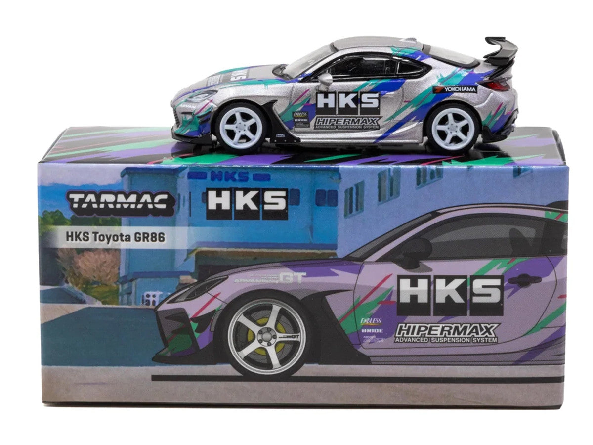 Toyota GR86 RHD (Right Hand Drive) "HKS" Gray Metallic with Graphics and Metal Oil Can Packaging "Global64" Series 1/64 Diecast Model Car by Tarmac Works