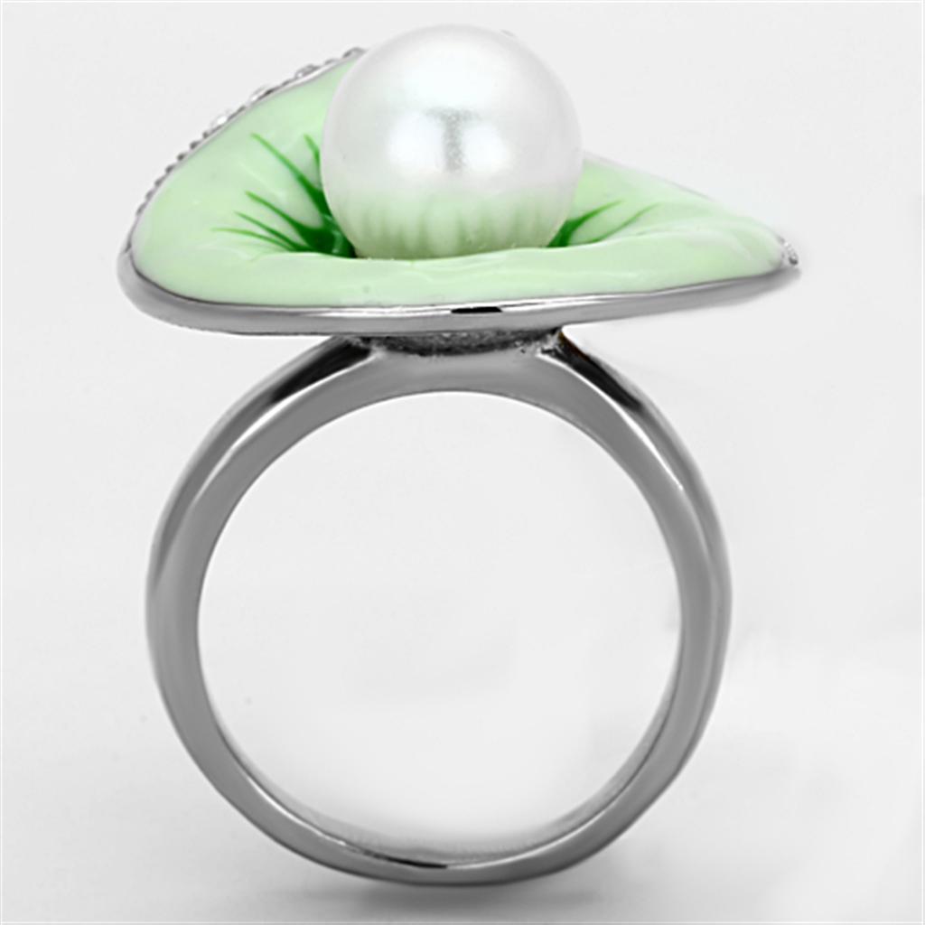 TK1171 - High polished (no plating) Stainless Steel Ring with Synthetic Pearl in White