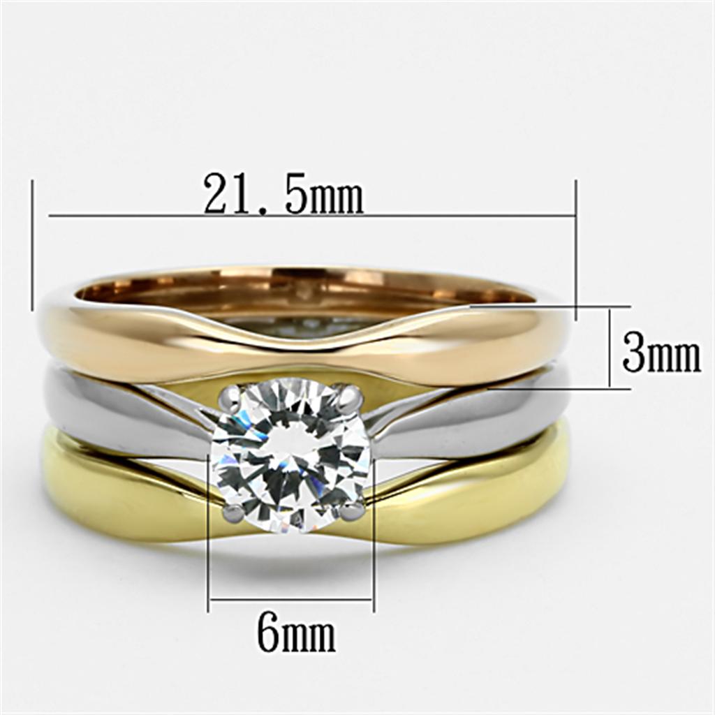 TK1278 - Three Tone (IP Gold & IP Rose Gold & High Polished) Stainless Steel Ring with AAA Grade CZ in Clear