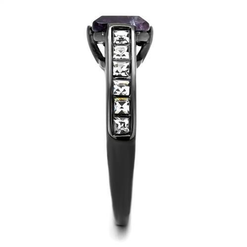 TK2832 - IP Light Black (IP Gun) Stainless Steel Ring with Precious Stone Amethyst Crystal in Amethyst