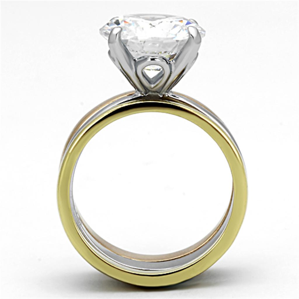 TK963 - Three Tone (IP Gold & IP Rose Gold & High Polished) Stainless Steel Ring with AAA Grade CZ in Clear