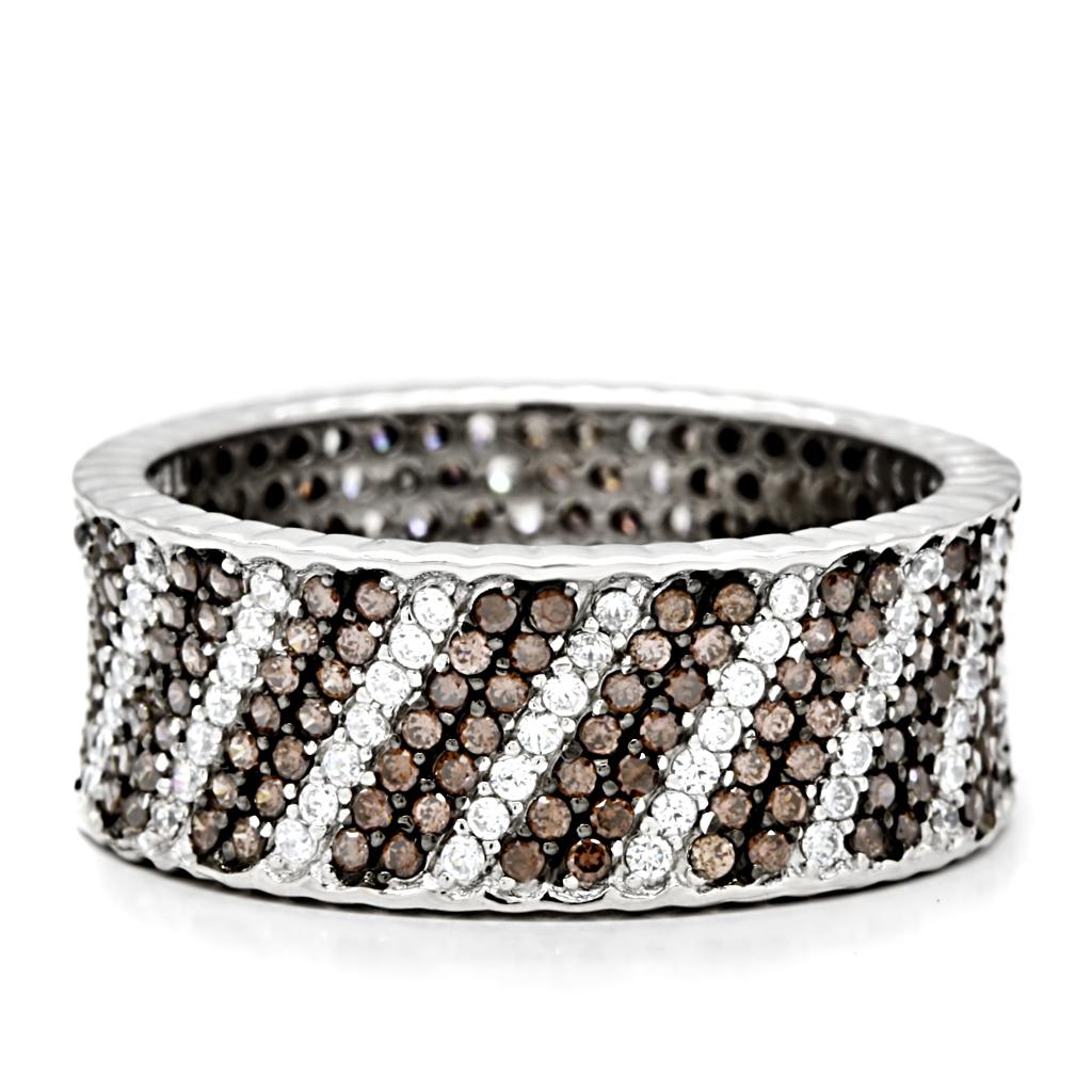 TS023 - Rhodium + Ruthenium 925 Sterling Silver Ring with AAA Grade CZ in Brown