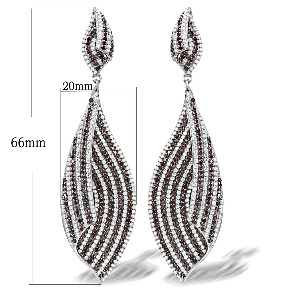 TS033 - Rhodium 925 Sterling Silver Earrings with Assorted in Brown