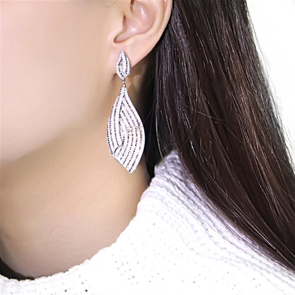 TS033 - Rhodium 925 Sterling Silver Earrings with Assorted in Brown