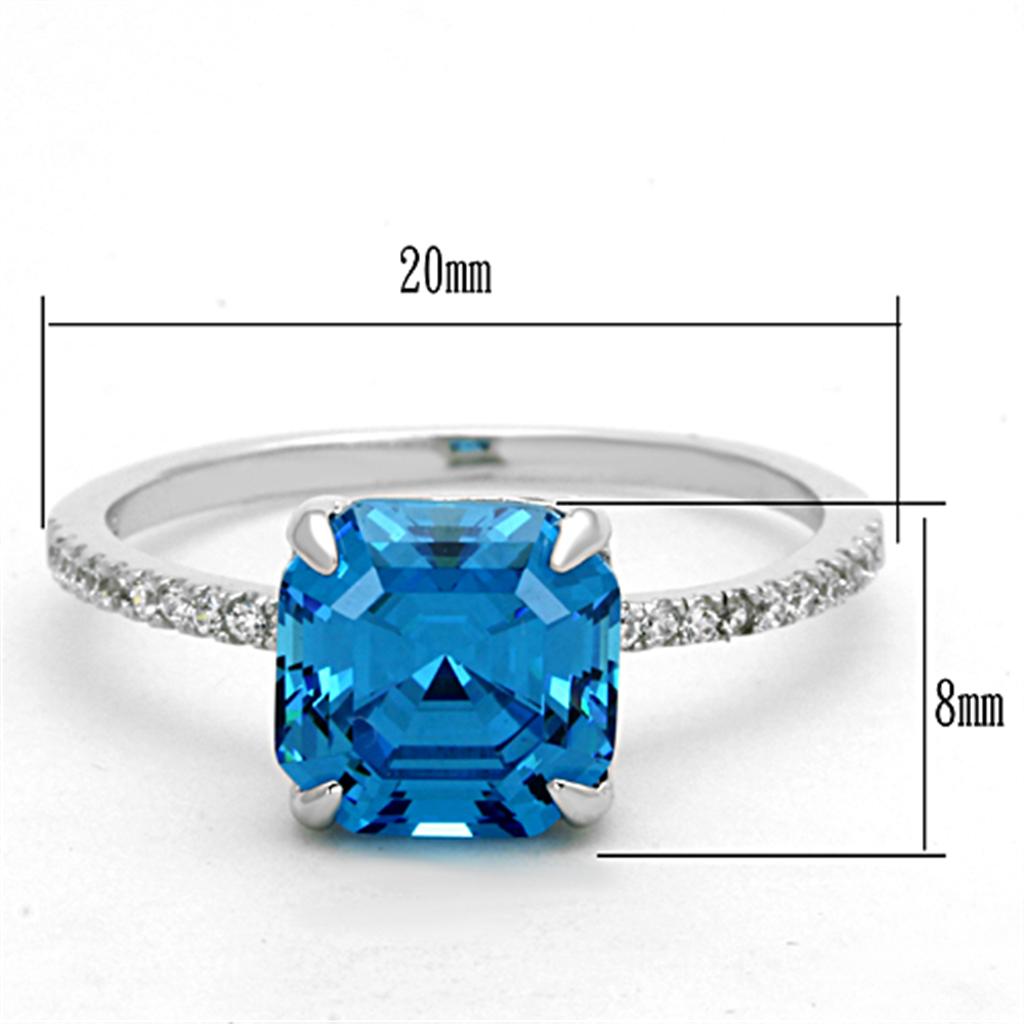 TS178 - Rhodium 925 Sterling Silver Ring with Cubic in Sea Blue
