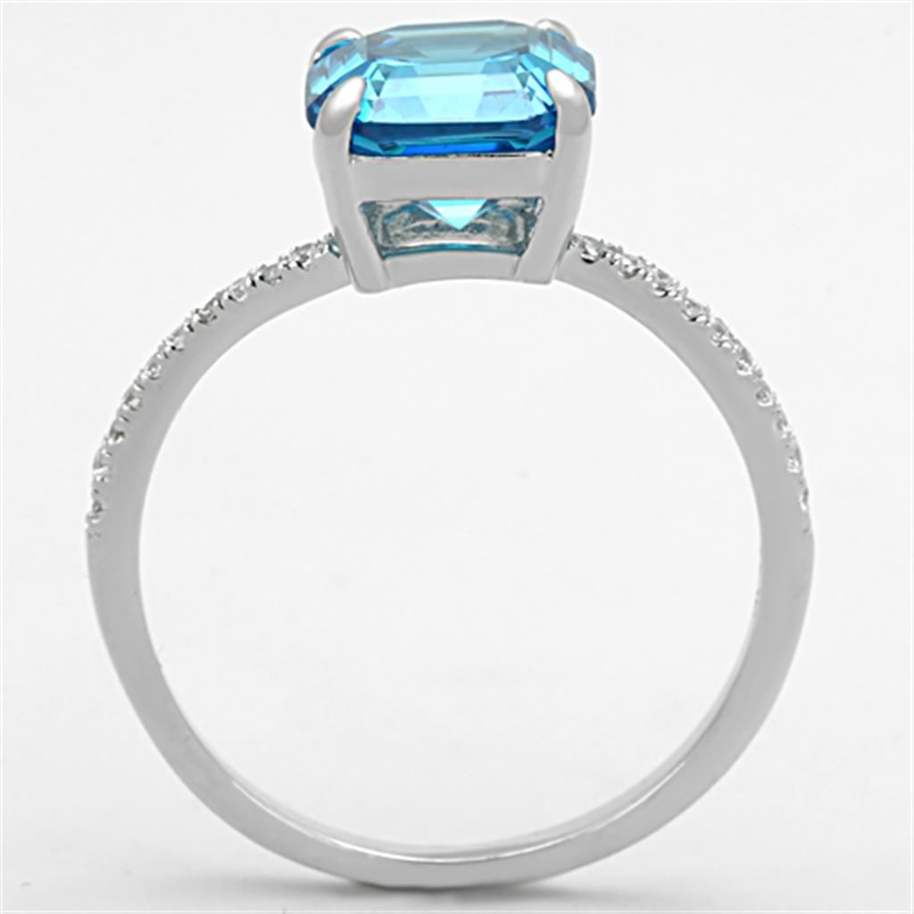 TS178 - Rhodium 925 Sterling Silver Ring with Cubic in Sea Blue