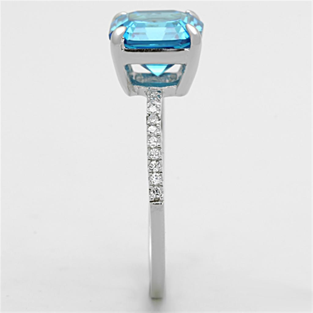 TS178 - Rhodium 925 Sterling Silver Ring with Cubic in Sea Blue
