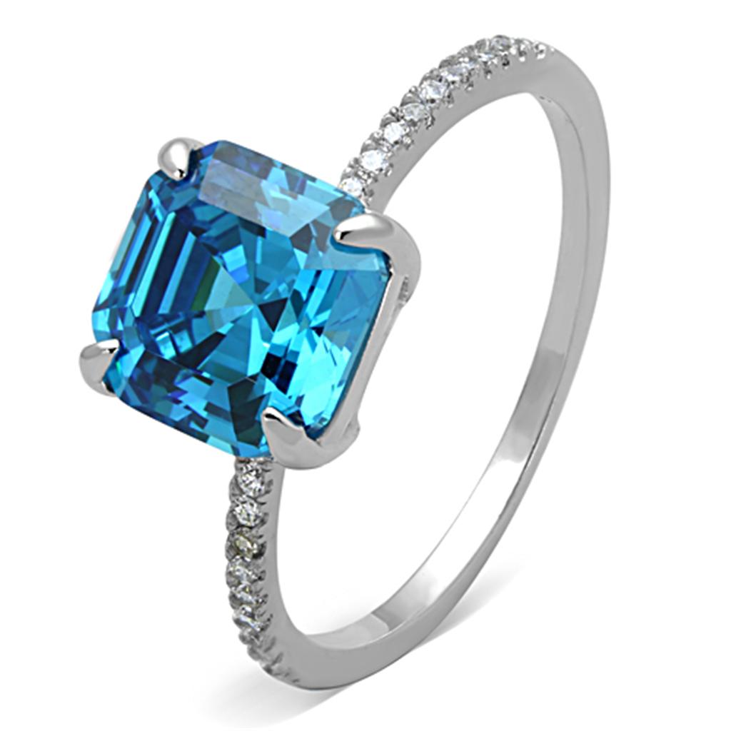 TS178 - Rhodium 925 Sterling Silver Ring with Cubic in Sea Blue