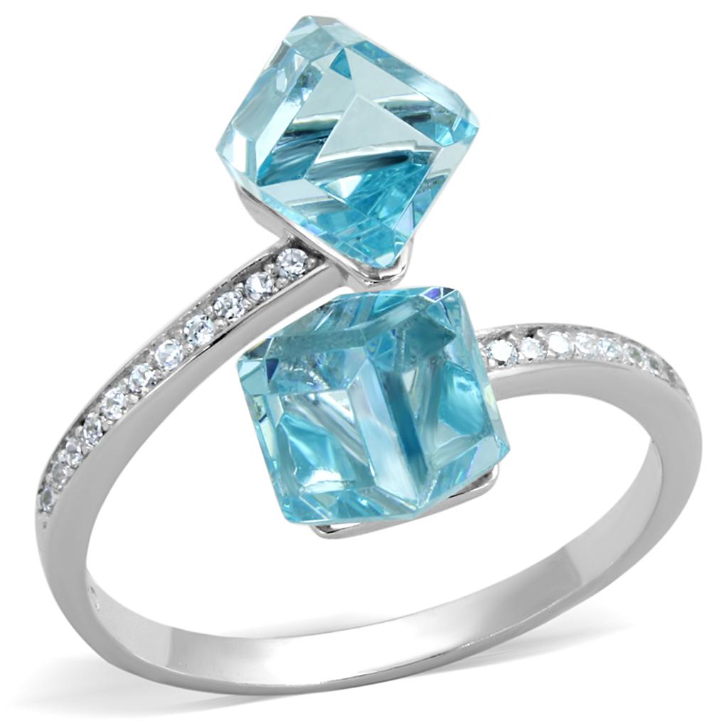 TS317 - Rhodium 925 Sterling Silver Ring with AAA Grade CZ in Sea Blue