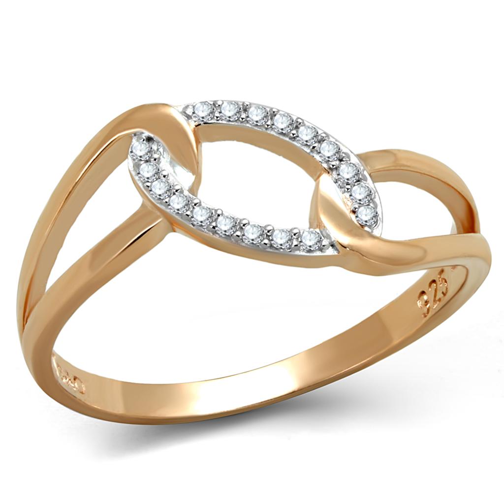 TS362 - Rose Gold + Rhodium 925 Sterling Silver Ring with AAA Grade CZ in Clear