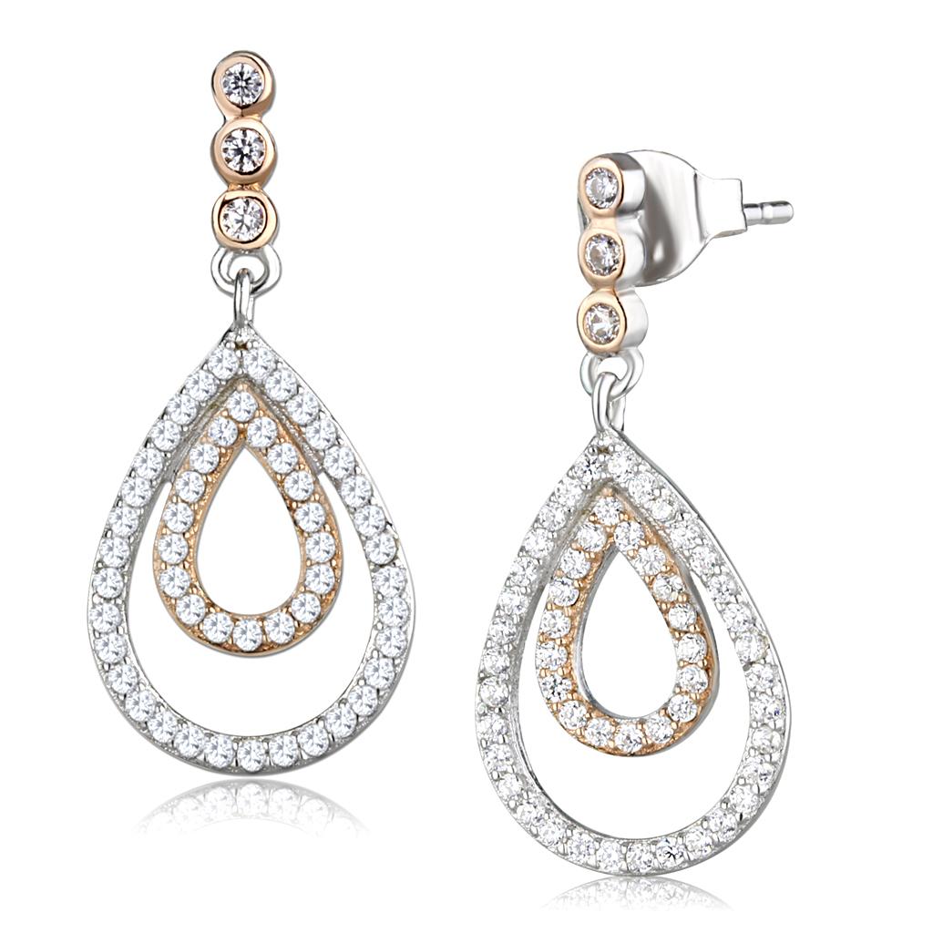 TS548 - Rose Gold + Rhodium 925 Sterling Silver Earrings with AAA Grade CZ in Clear