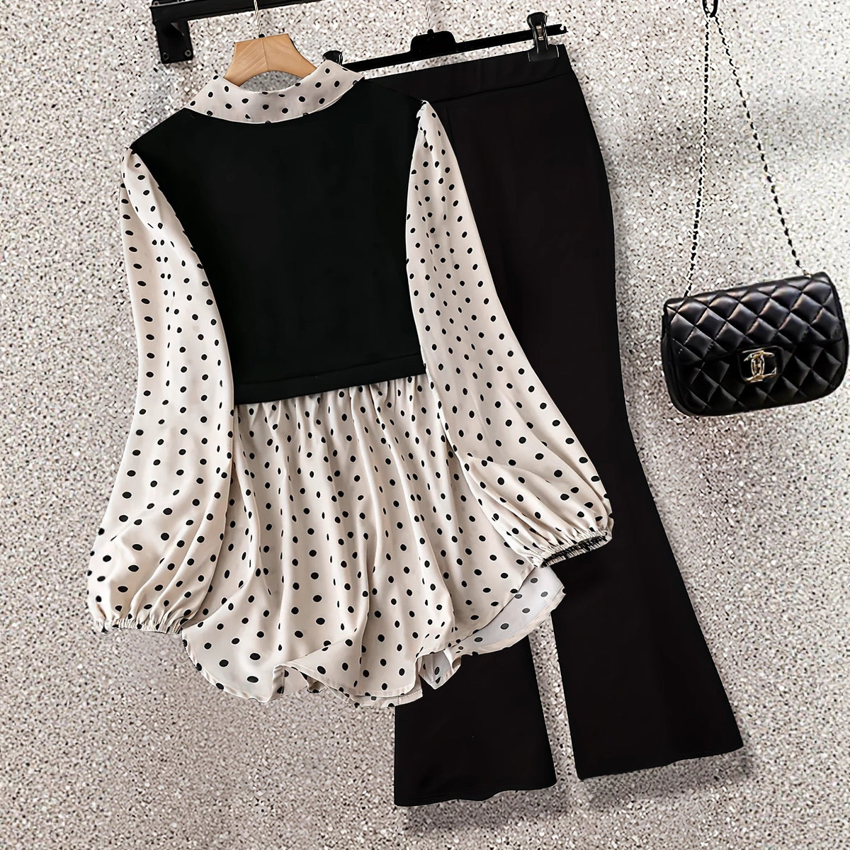 Polka Dot Patchwork Fake Two-piece Long-sleeved Shirt Leggings
