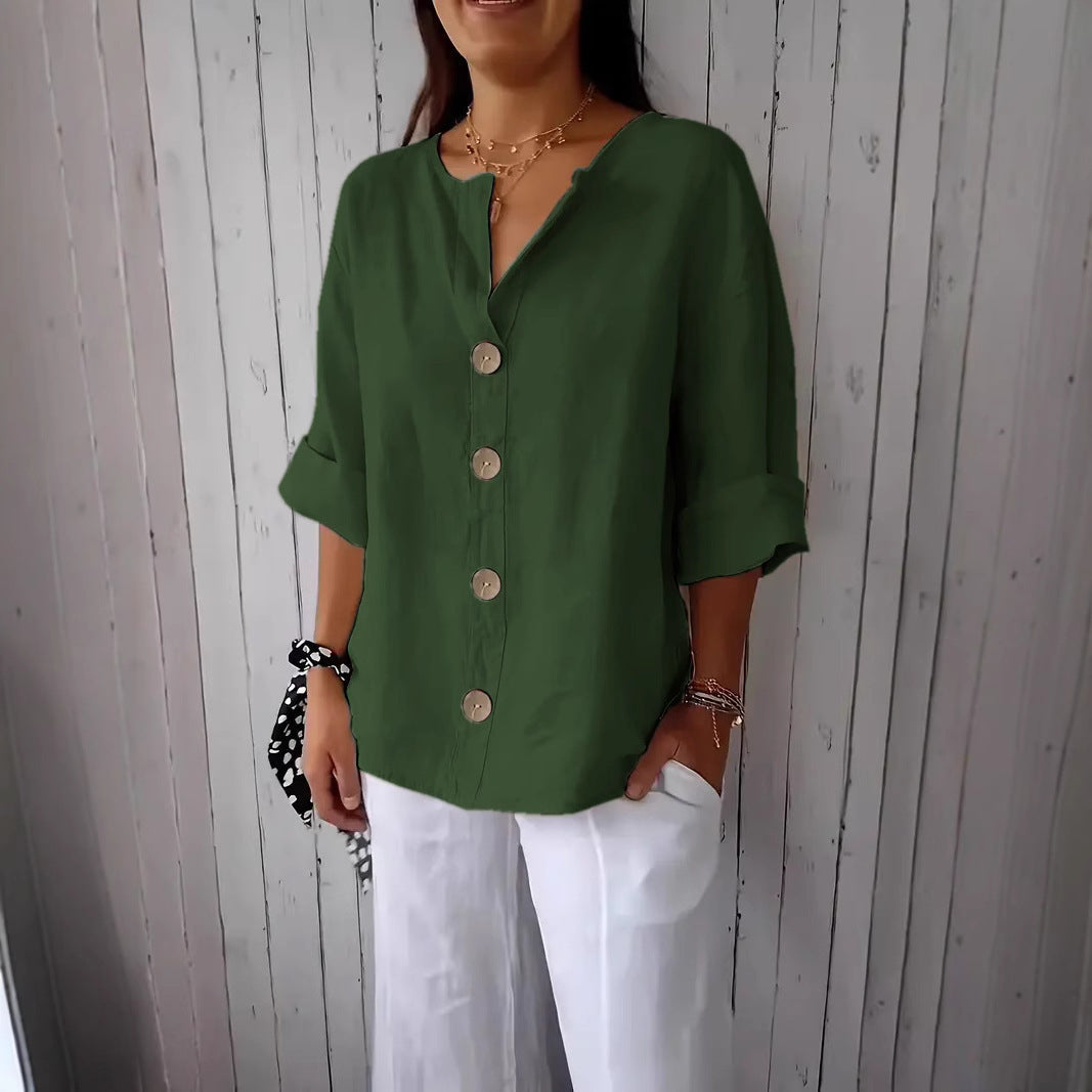 Loose-fit Women's V-neck Cotton-Linen Button T-shirt Top