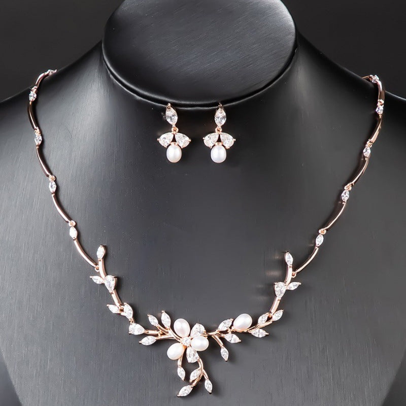 Sweet Pearl Zircon Ear Stud Necklace Jewelry Suit