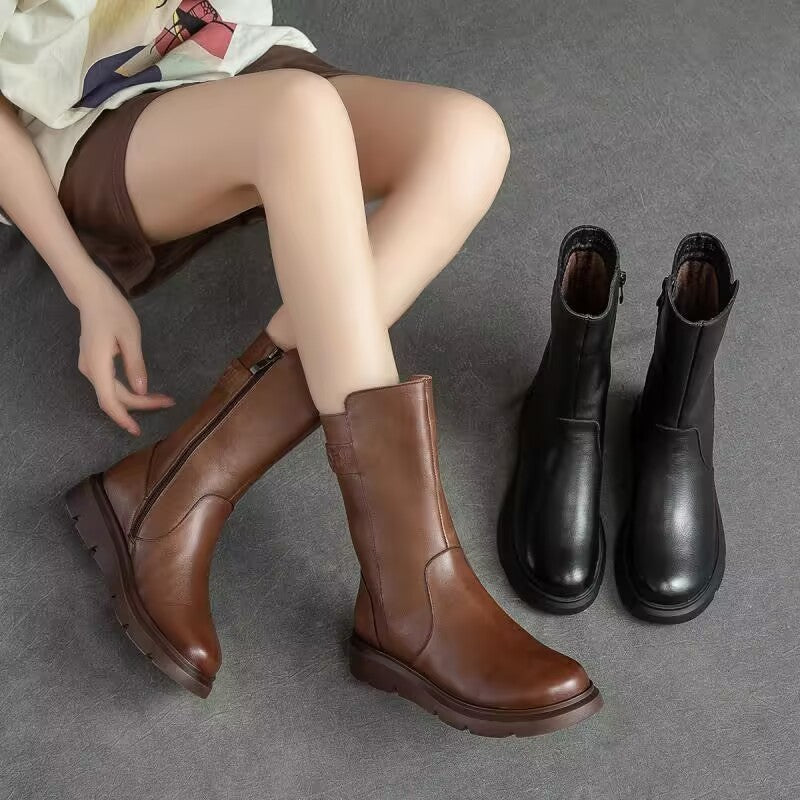 Round-toe Solid-color High-top Mid-calf Short Boots With Side Zipper