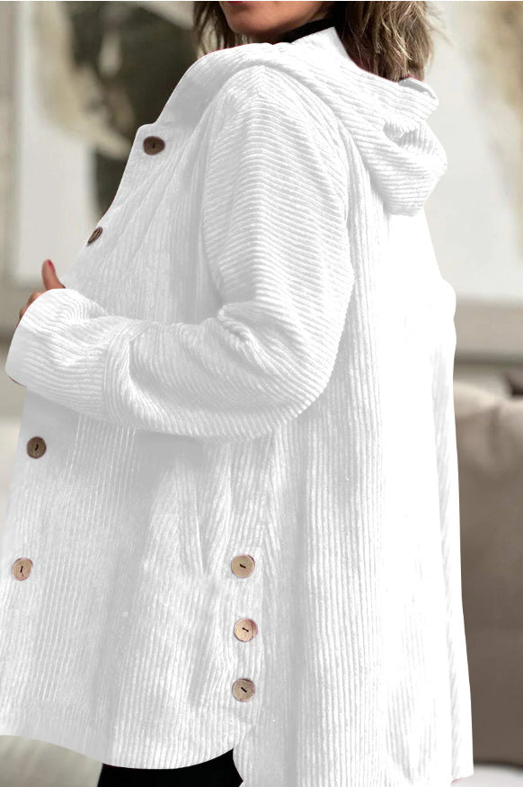 Women's Corduroy Hooded Jacket Fashion Warm Pockets Button Mid-length Top Casual Fall Winter Outwear Clothing