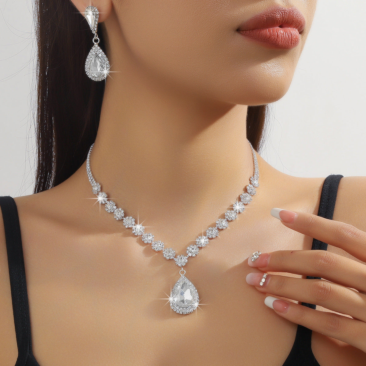 Diamond Necklace Earrings And Bracelet Three Piece Jewelry Set