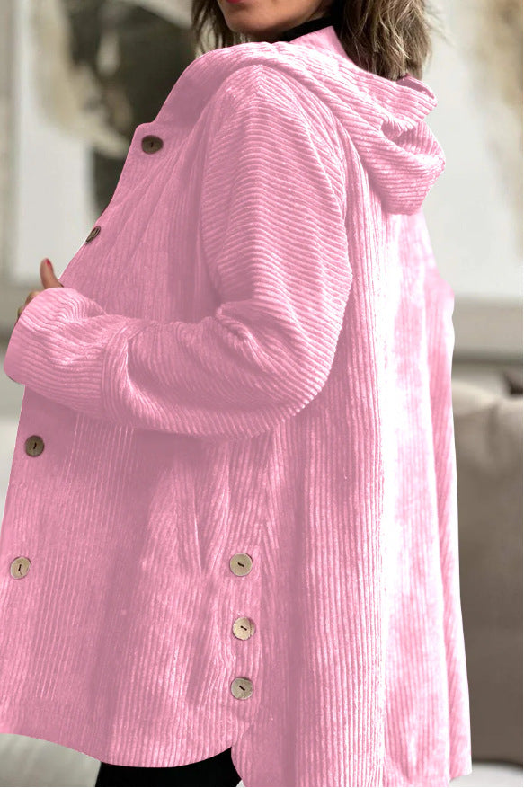 Women's Corduroy Hooded Jacket Fashion Warm Pockets Button Mid-length Top Casual Fall Winter Outwear Clothing