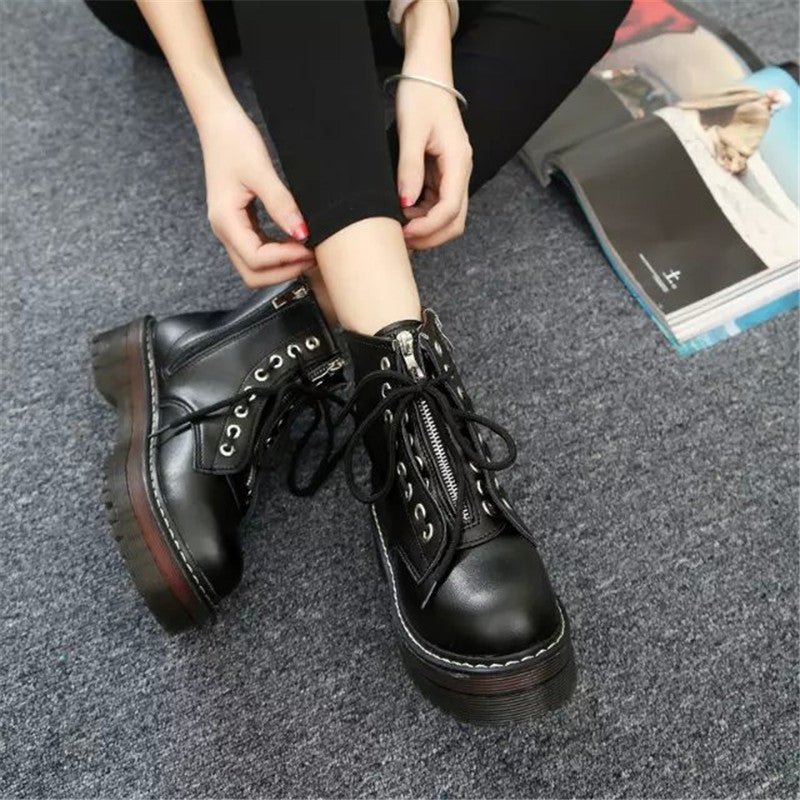 Round Toe Front Lace Up Womens Boots Mid Tube Martin Boots