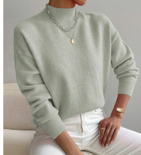 Autumn And Winter Half-high Collar Pullover Women's Fashion Solid Color Loose Knitted Top