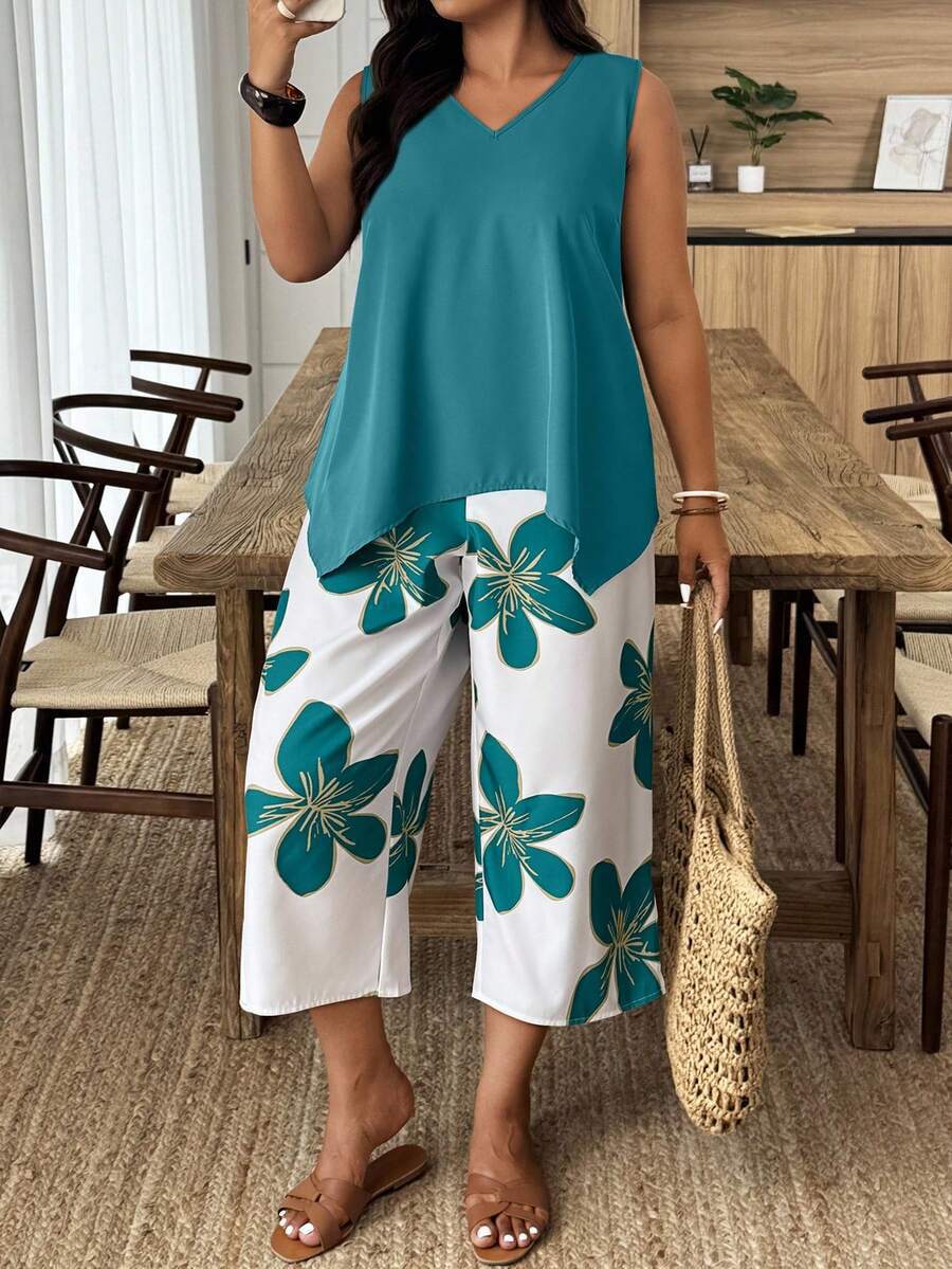 Women's Casual Elegant Printed Cropped Pants Set