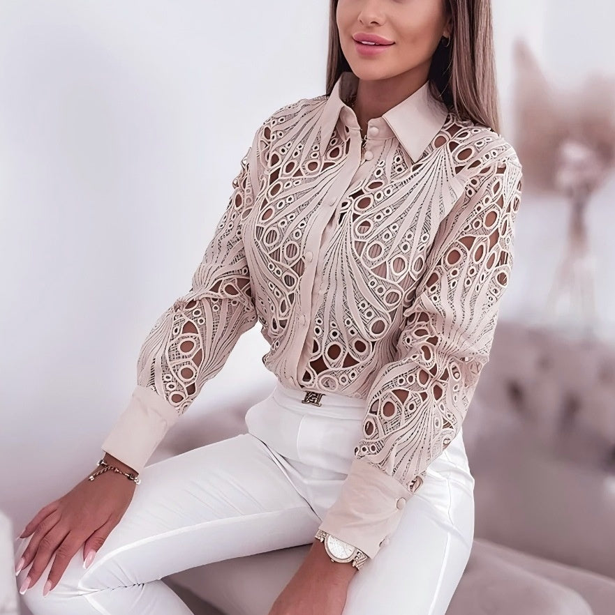 Versatile Commuter Lace Hollow-out Long Sleeve Shirt For Women