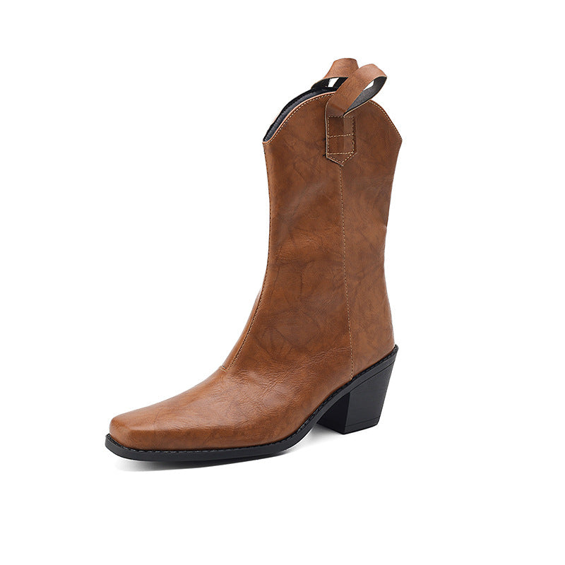 Retro Square-toe V-cut Mid-calf Boots With Chunky Heels