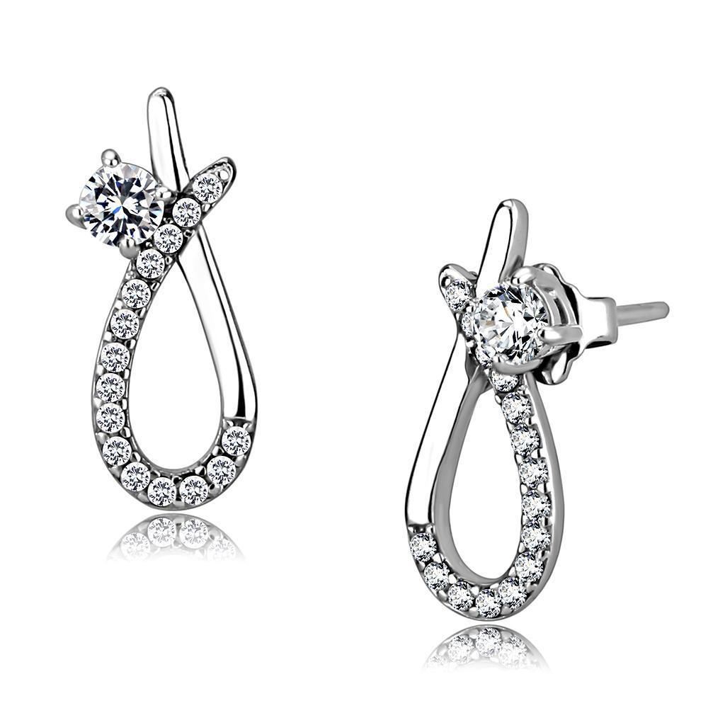 DA196 - High polished (no plating) Stainless Steel Earrings with AAA Grade CZ in Clear