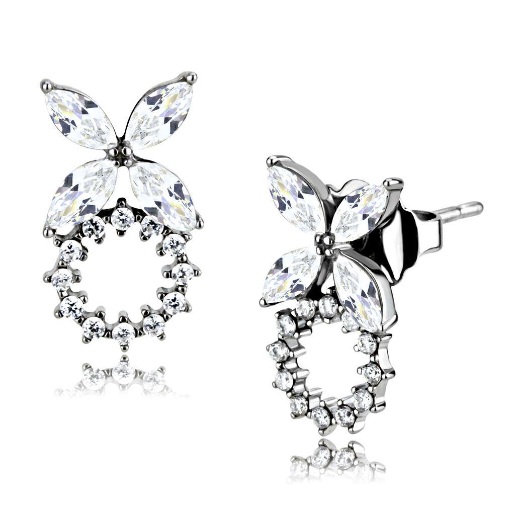 DA296 - High polished (no plating) Stainless Steel Earrings with AAA Grade CZ in Clear
