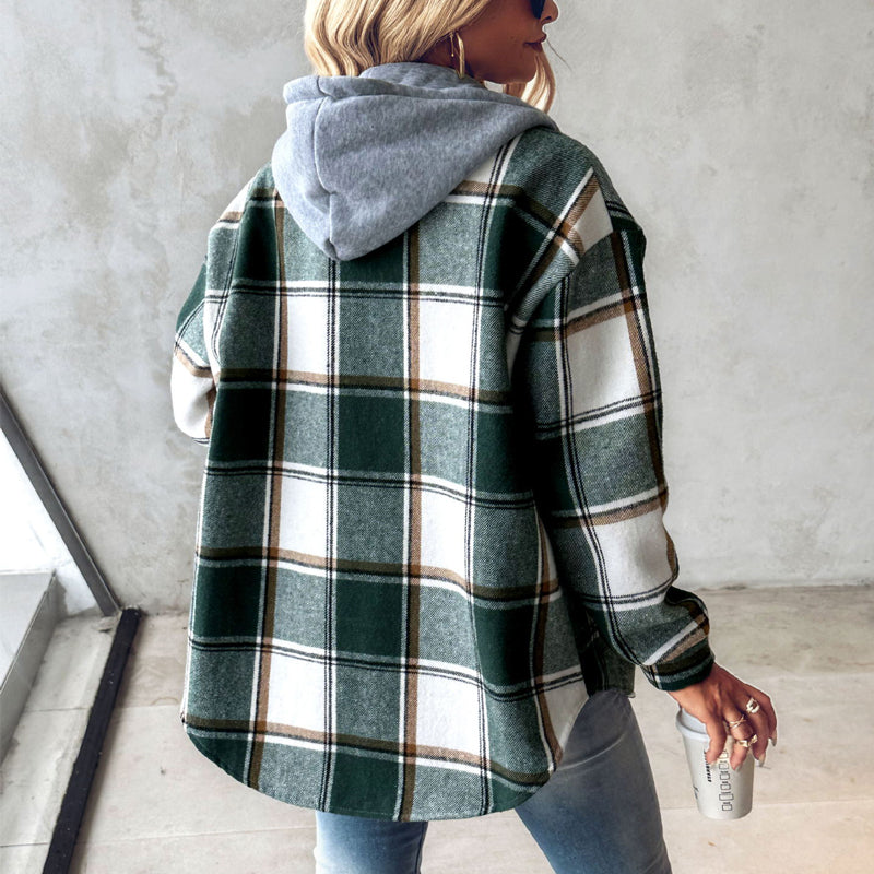 Plaid Hooded Jacket Fashion Casual Button Pocket Coat Autumn And Winter Women's Clothing