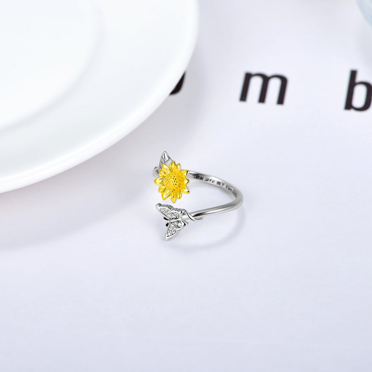 You Are My Sunshine Sunflower Butterfly Ring in Sterling Silver