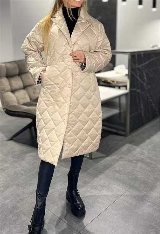 Winter Rhombus Stitching Coat Warm Solid Color Pocket Lapel Long Jacket Women's Clothing