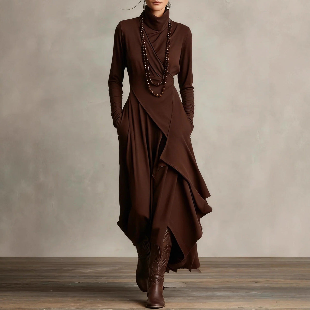 Women's Solid Color Cross-sleeve High-neck Dress