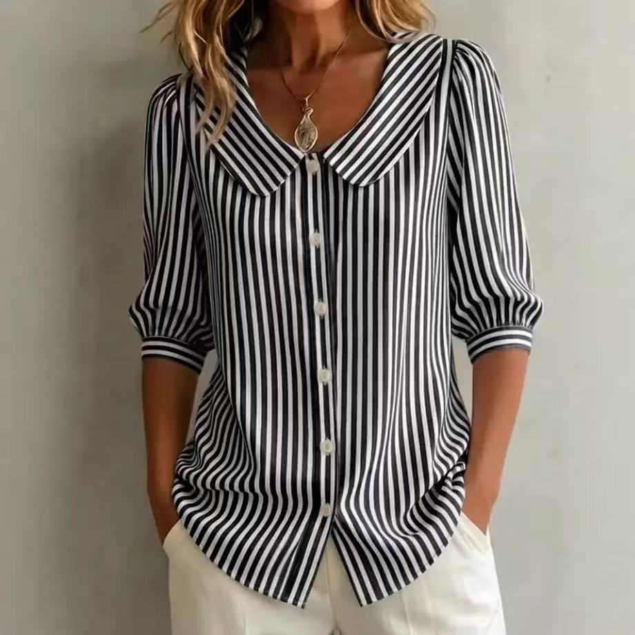 Mid-sleeve Striped V-neck Shirt Top T-shirt Womens Clothing