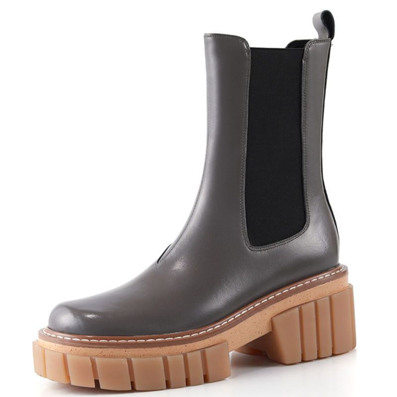 Round Toe High Heeled Leather Platform Retro Martin Ankle Boots