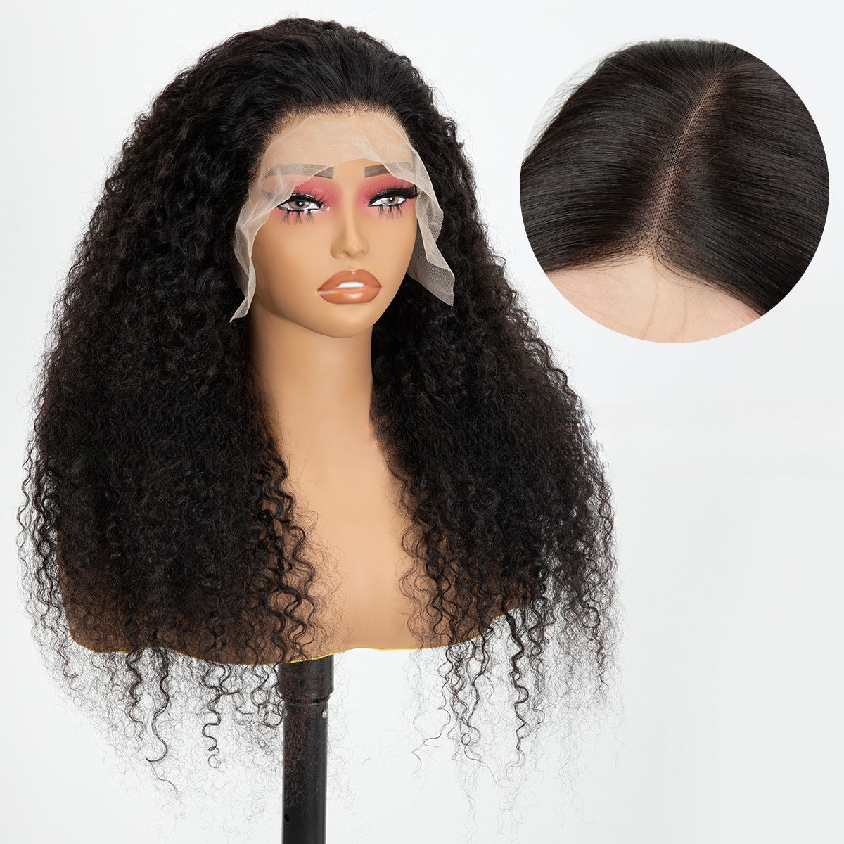 Lace-front Wig With Small Curls, Fluffy And Long Black Hair