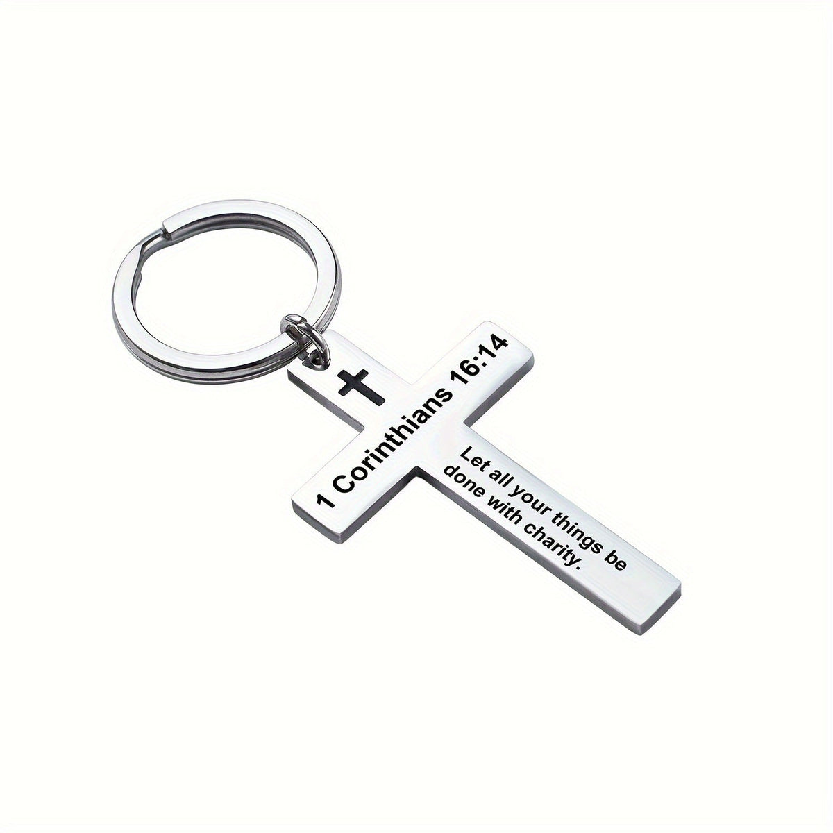 Personality Trend Stainless Steel Faith Cross Scripture Lettering Metal Keychains