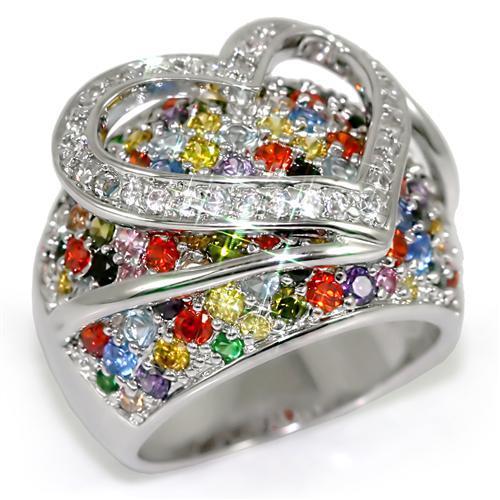 LO1510 - Rhodium Brass Ring with AAA Grade CZ in Multi Color