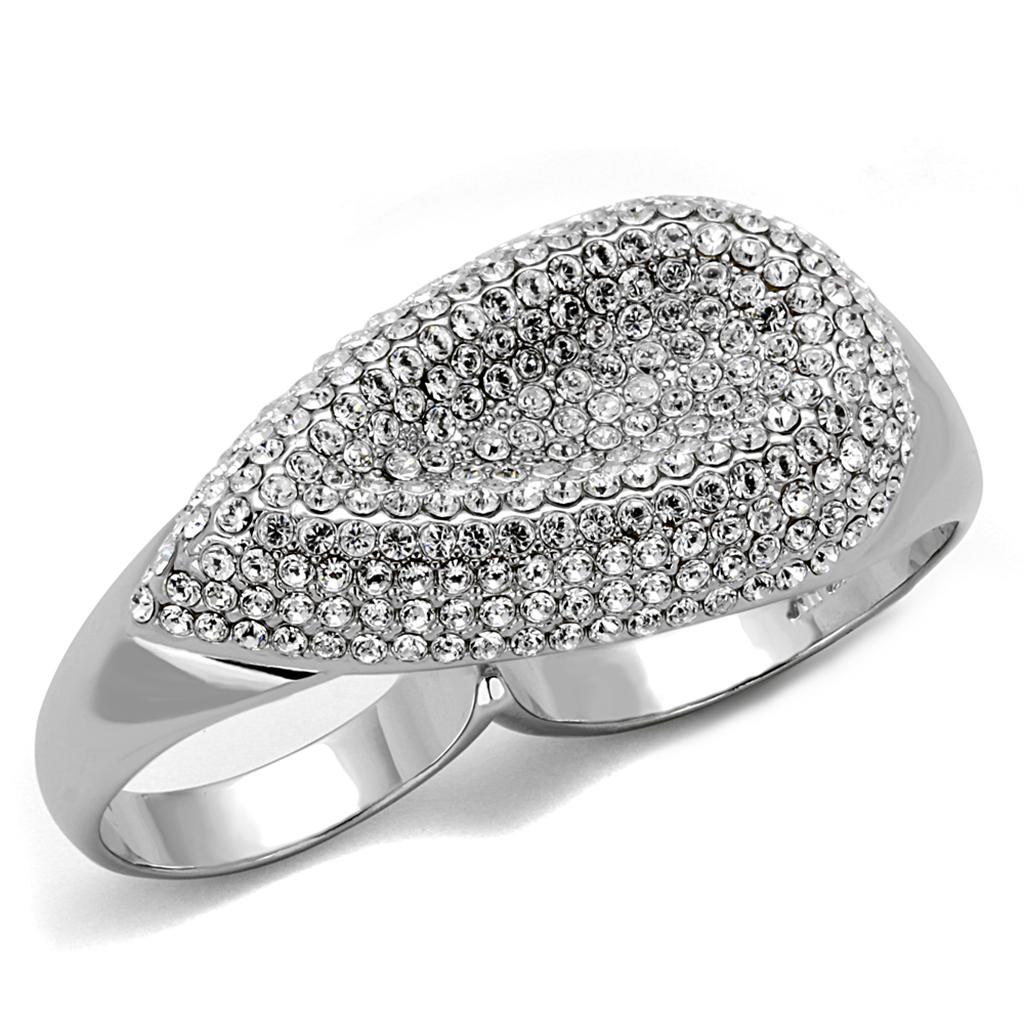 LO3913 - Rhodium Brass Ring with Top Grade Crystal in Clear