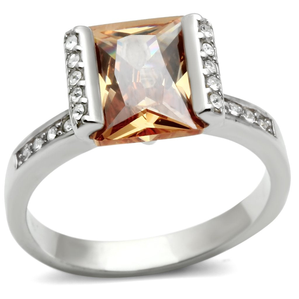LOS528 - Rhodium 925 Sterling Silver Ring with AAA Grade CZ in Champagne