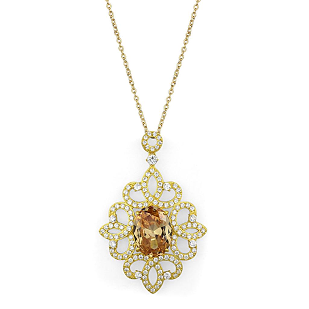 LOS784 - Gold 925 Sterling Silver Chain Pendant with AAA Grade CZ in Champagne