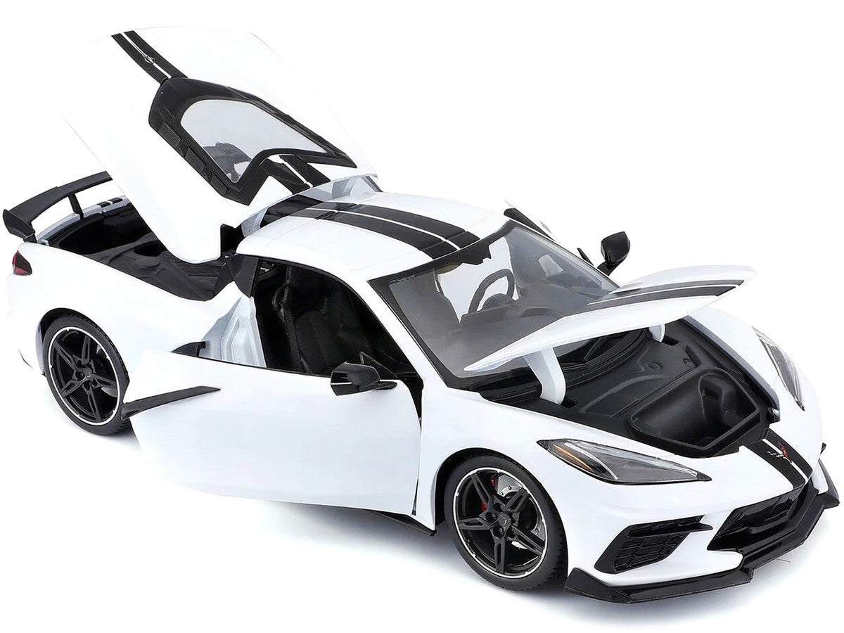 2020 Chevrolet Corvette Stingray C8 Coupe with High Wing White with Black Stripes 1/18 Diecast Model Car by Maisto