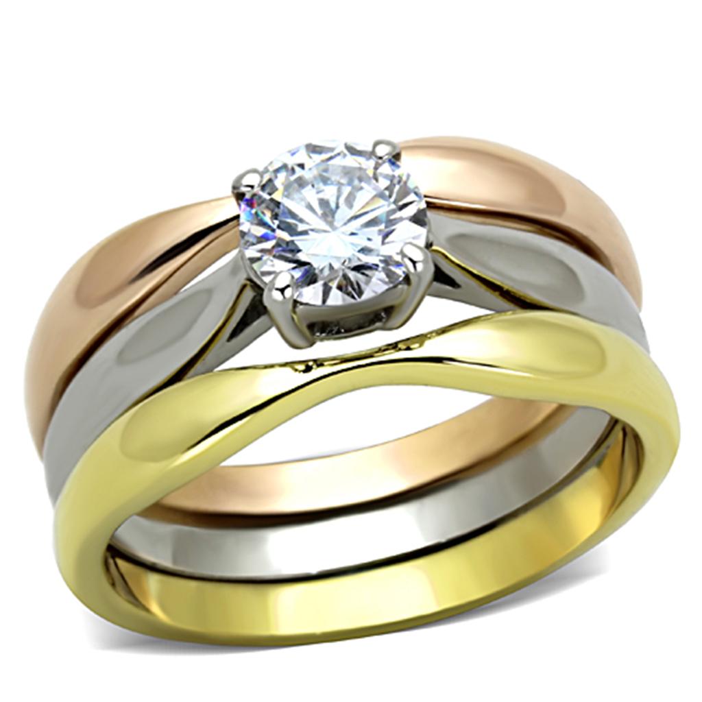 TK1278 - Three Tone (IP Gold & IP Rose Gold & High Polished) Stainless Steel Ring with AAA Grade CZ in Clear