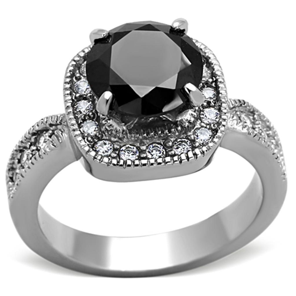 TK1322 - High polished (no plating) Stainless Steel Ring with AAA Grade CZ in Black Diamond
