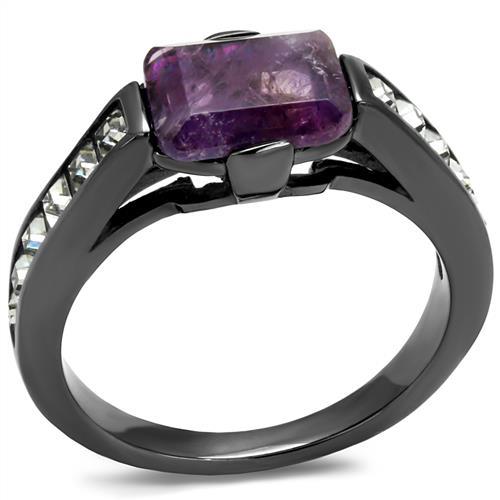 TK2832 - IP Light Black (IP Gun) Stainless Steel Ring with Precious Stone Amethyst Crystal in Amethyst