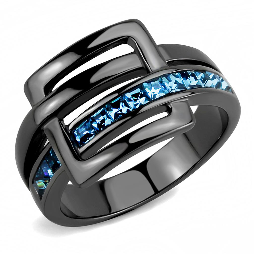 TK3451 - IP Light Black (IP Gun) Stainless Steel Ring with Top Grade Crystal in Sea Blue